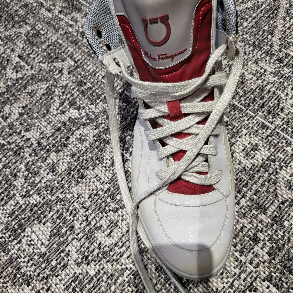 Salvatore Ferragamo White and Red High-Top Sneakers